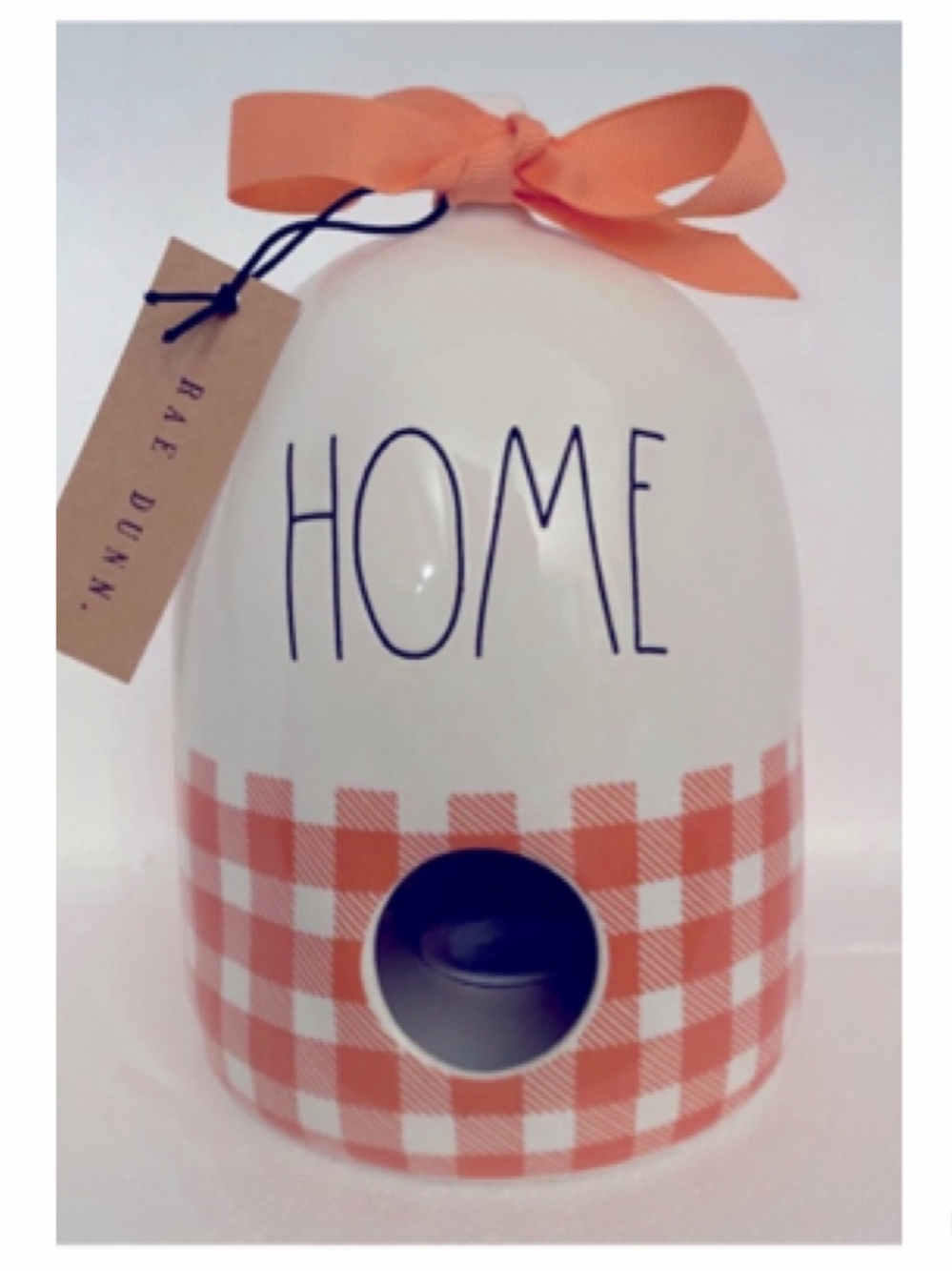 NEW Rae Dunn Home Plaid Birdhouse Coral Peach